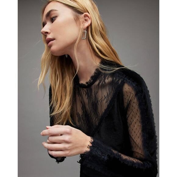ALL SAINTS Mila Lace & Velvet Blouse - Picture 3 of 10